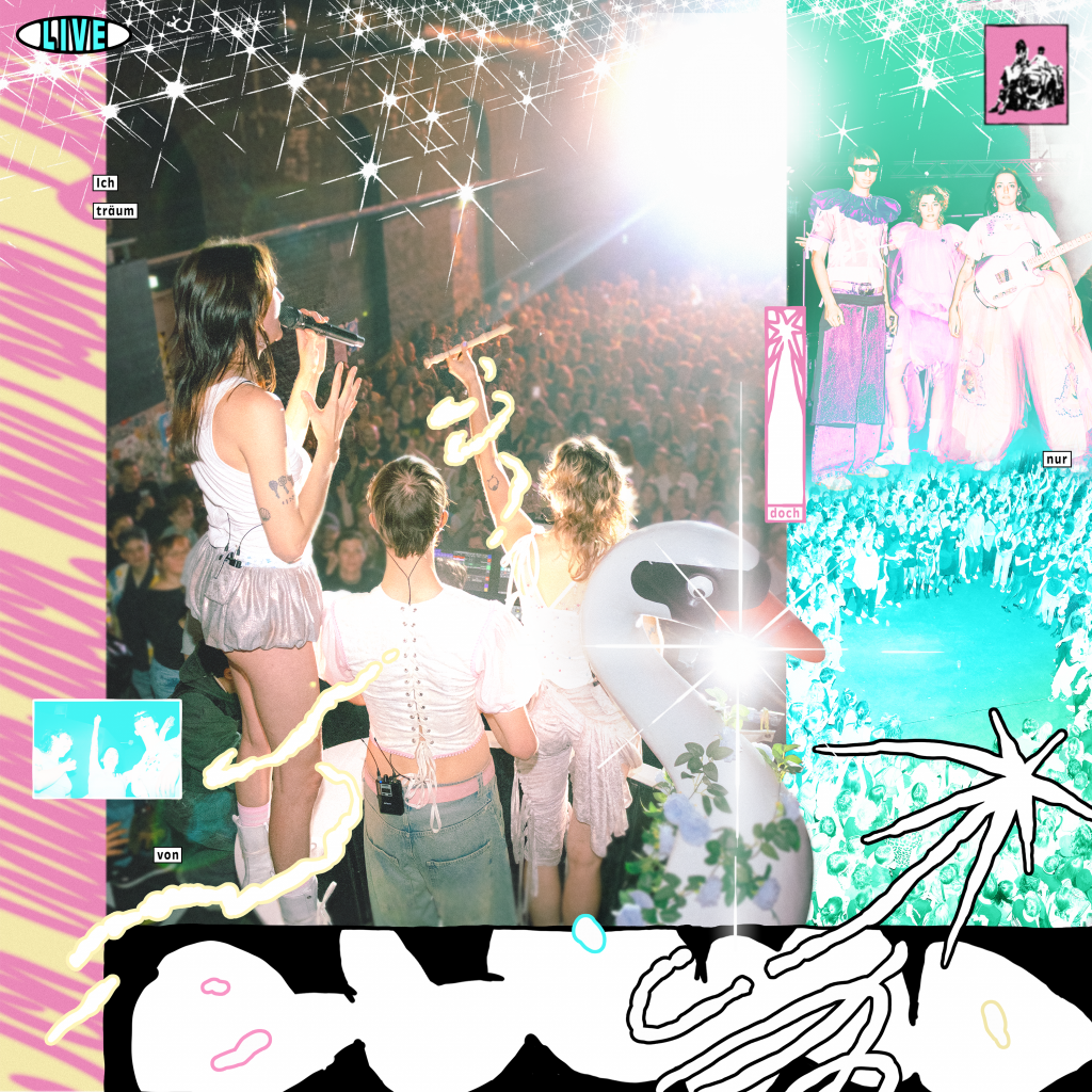 Grafik Live-Albumcover Ich träum doch nur von liebe, Nina, Lotta und Johann auf Bühne